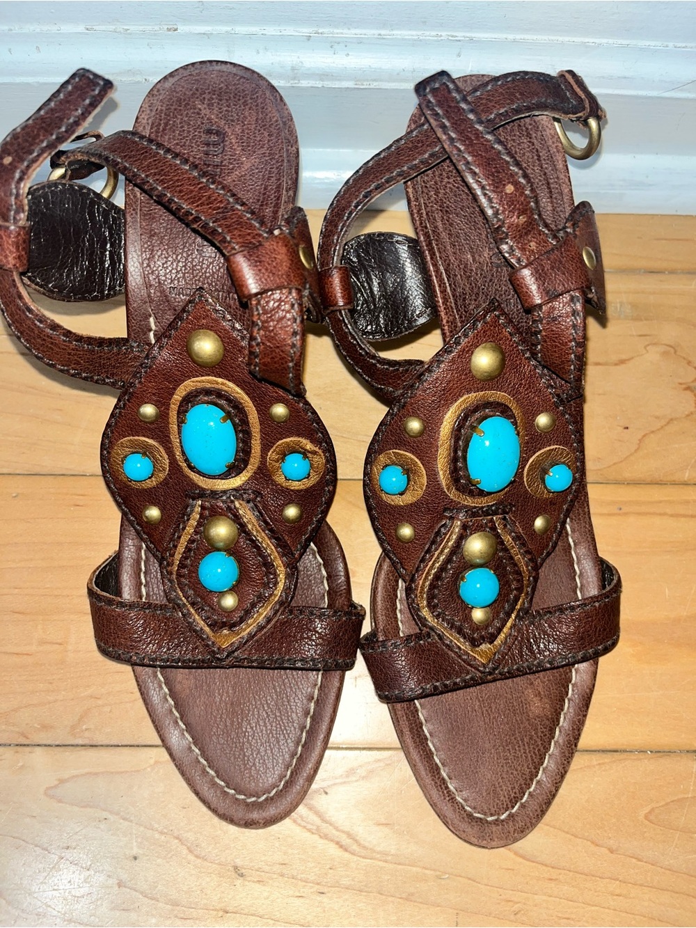 Miu Miu Brown Leather Sandals with Turquoise Stones